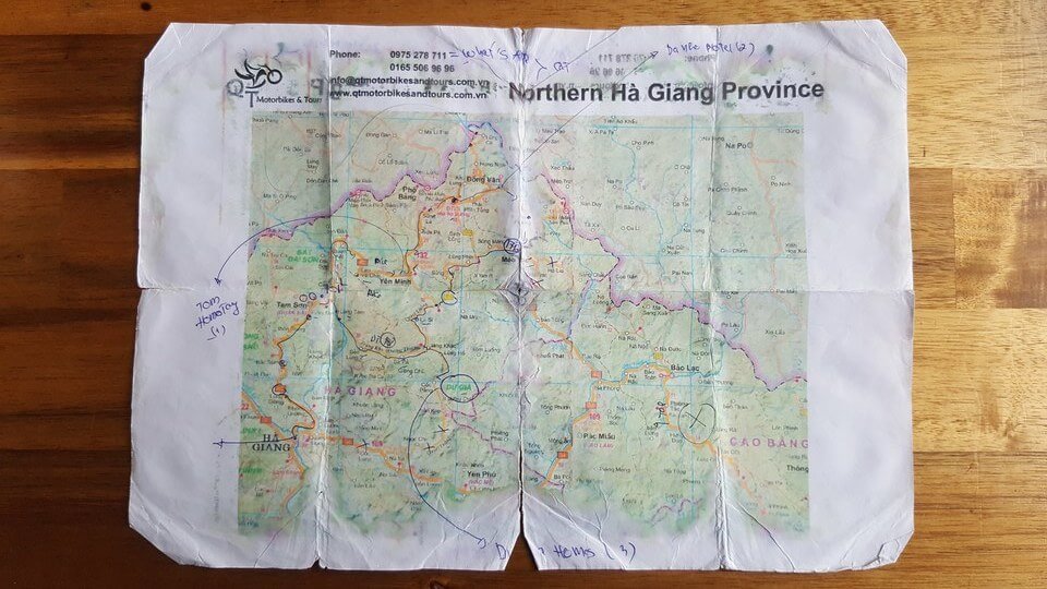 Carte imprimée de notre itinéraire à Hà Giang