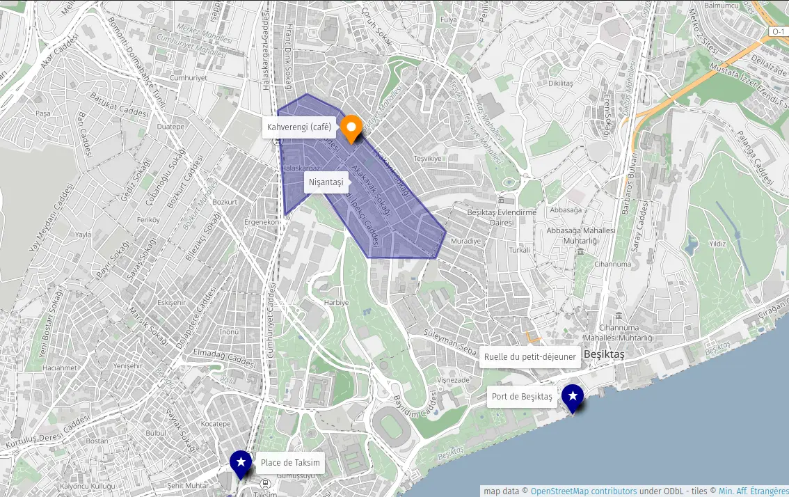 Aller à notre carte d'Istanbul sur uMap. L'image montre le quartier de Beşiktaş sur la carte, des lieux et zones qu'on décrit ci-dessous sont mis en évidence.