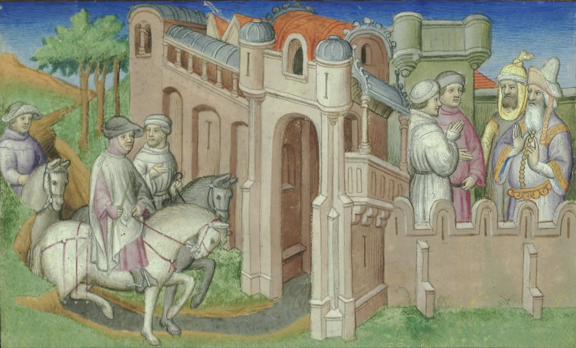 Enluminure du Moyen Âge qui montre l'arrivée des frères Polo à Boukhara.