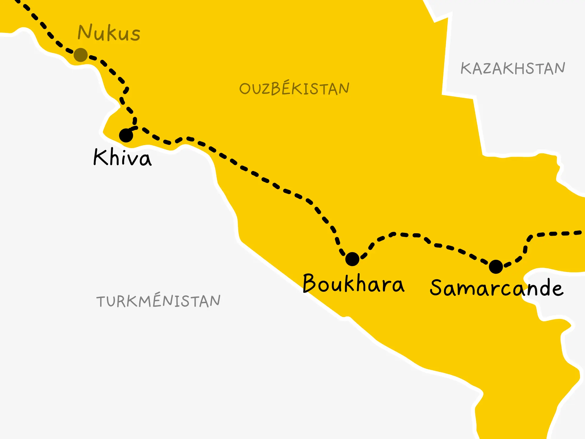 Carte de l'Ouzbékistan. Notre itinéraire qui arrive par Nukus est indiqué. Il passe par les trois grandes villes des routes de la soie : Khiva, Boukhara et Samarcande.